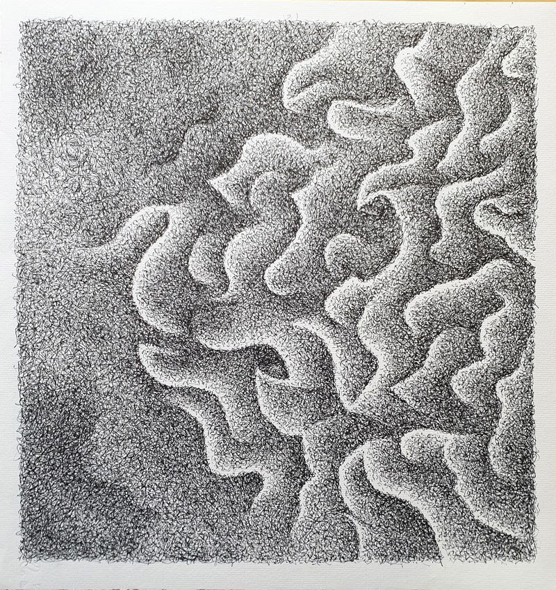 Empujando hacia la izquierda - Dibujo con tinta china, 35 x 33 cm, 2020